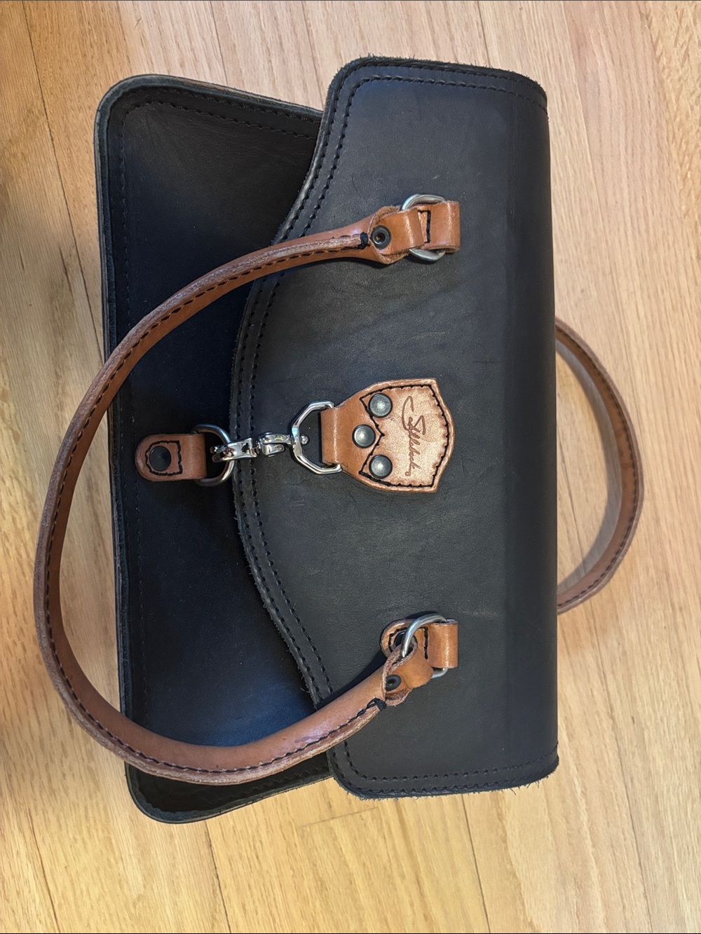 Saddleback, leather water, bag, black with brown handles and silver hardware